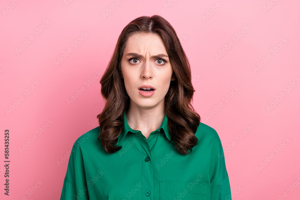 Photo of shocked impressed woman wear green shirt open mouth looking you isolated pink color background - obrazy, fototapety, plakaty 