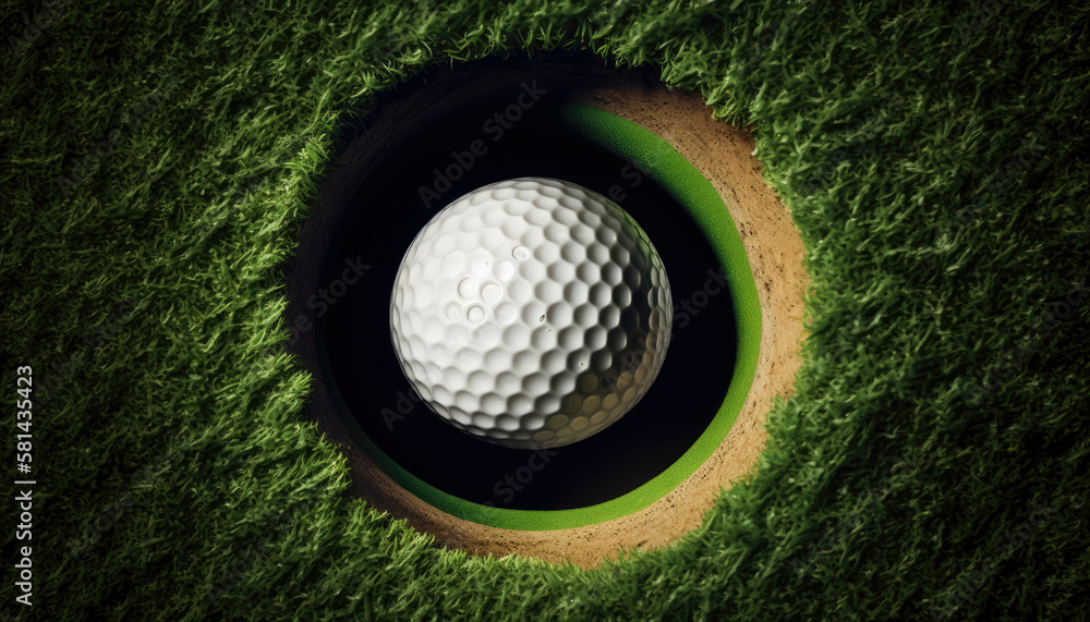 Illustration of a golf ball inside golf hole  created with Generative AI technology - obrazy, fototapety, plakaty 