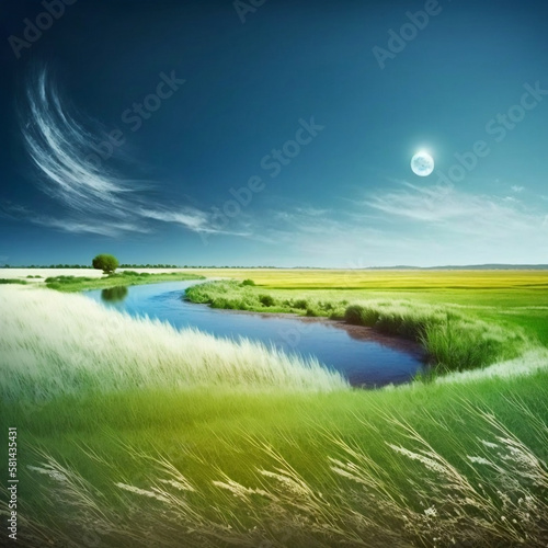  A stunning panoramic view of a natural landscape featuring a green grassy field against a blue sky with a shining sun. 