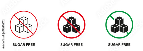 Sugar Free Silhouette and Line Icon Set. Food No Added Sugar with Stop Sign. Glucose Forbidden Symbol. Zero Glucose Guarantee Logo. No Sugar for Diabetic Product Label. Isolated Vector Illustration