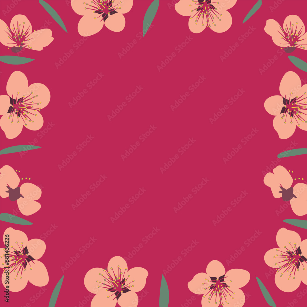 Fototapeta premium Background of blooming pink flowers and green leaves. Vector illustration