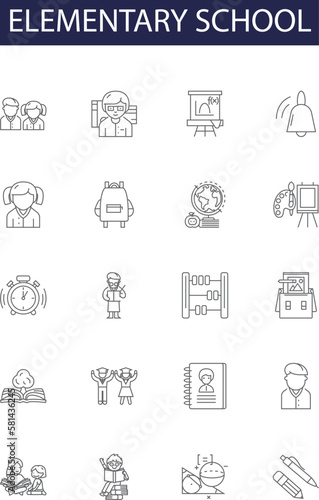 Elementary school line vector icons and signs. school, kindergarten, primary, learning, education, teach, academics, coursework outline vector illustration set