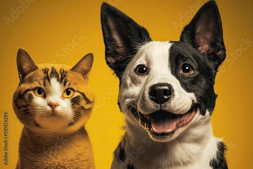 On an empty yellow background, a smiling dog and cat are shown. Generative AI © AkuAku