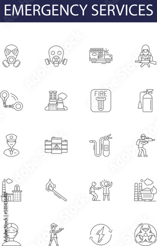 Emergency services line vector icons and signs. Firefighter, Policeman, Rescue, Paramedic, 9, EMT, Extinguish, Trauma outline vector illustration set photo