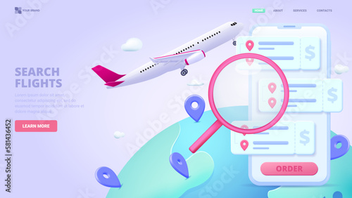 Book flight, buy tickets online, search tickets online service. 3d design concept with characters for landing page. Three dimensional vector illustration for website, banner.