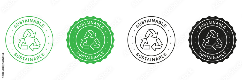 Sustainable Green and Black Stamp Set. Label For Sustainable Renewables. Environmental Stickers. Arrow Sustainable Icons. Zero Waste Sign, Biodegradable Food Sticker. Isolated Vector Illustration Sustainable Green and Black Stamp Set. Label For Sustainable Renewables. Environmental Stickers. Arrow Sustainable Icons. Zero Waste Sign, Biodegradable Food Sticker. Isolated Vector Illustration