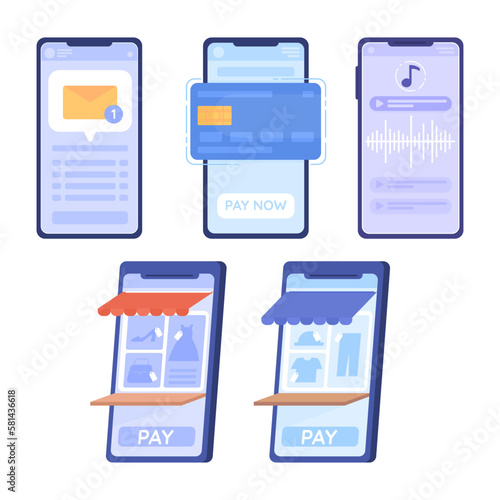 Mobile phone screens with applications flat concept vector spot illustration bundle. Editable 2D cartoon icons on white for web design. Creative ideas pack for website, mobile. Quicksand font used