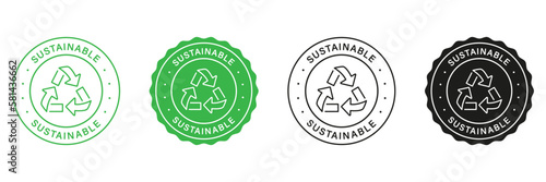 Sustainable Green and Black Stamp Set. Label For Sustainable Renewables. Environmental Stickers. Arrow Sustainable Icons. Zero Waste Sign, Biodegradable Food Sticker. Isolated Vector Illustration