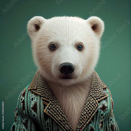 Realistic lifelike, cute polar bear in striking, colorful, animal, outfit suit, commercial Generative AI