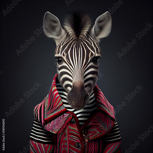 Realistic lifelike  cute zebra in striking  colorful  animal  outfit suit  commercial Generative AI