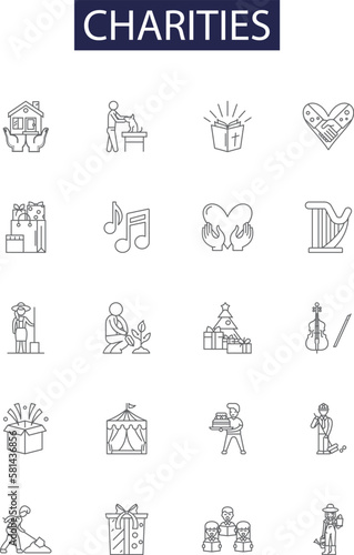 Charities line vector icons and signs. Outreach, Aid, Donation, Fundraising, Assistance, Compassion, Generosity, Alms outline vector illustration set