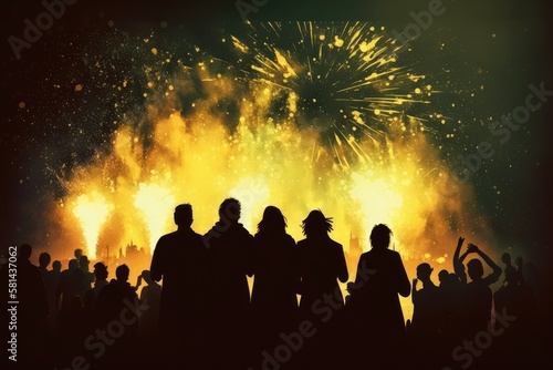 People watching fireworks in silhouettes against the night sky's bright yellow flashes. Generative AI