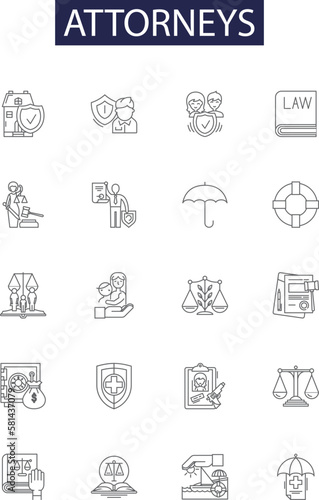 Attorneys line vector icons and signs. solicitor, counsel, barrister, attorney, advocate, litigator, practitioner, pleader outline vector illustration set