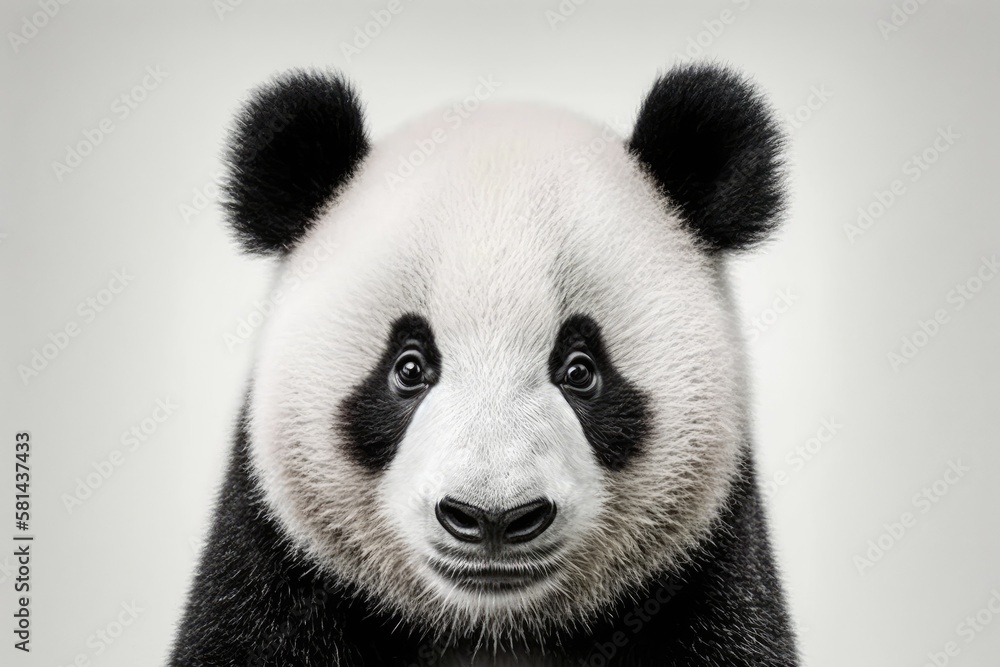 Face of a panda bear set against a white backdrop. Generative AI