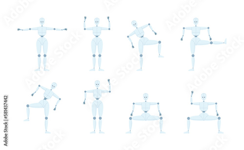 Humanoid robot dance movements semi flat color vector character bundle. Editable full body figures on white. Simple cartoon style spot illustration pack for web graphic design and animation