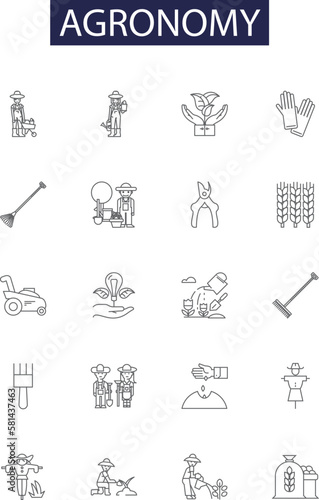 Agronomy line vector icons and signs. Crops, Soil, Fertilizers, Yields, Varieties, Farm, Irrigation, Cultivation outline vector illustration set