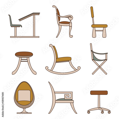 Set of line icons Chairs. Different types of armchairs, furniture. Beige color of interior items isolated on a white background. Computer, children, camping, school, rocking, egg chairs, stool