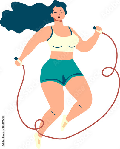 Beautiful young woman jumping with skipping rope. Bright flat workout sport illustration	
 photo