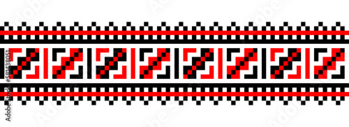 Ukrainian folk, ethnic pattern. Vector ornament, seamless border. Ukrainian folk, ethnic geometric embroidery. Pattern in red and black colors. Pixel art, vyshyvanka, cross stitch