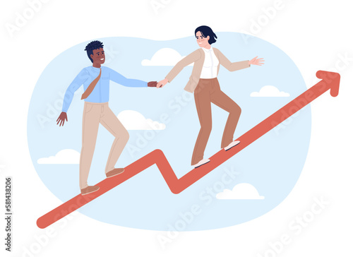 Support each other in team flat concept vector spot illustration. Editable 2D cartoon characters on white for web design. Reaching goals together with teammates creative idea for website, mobile app