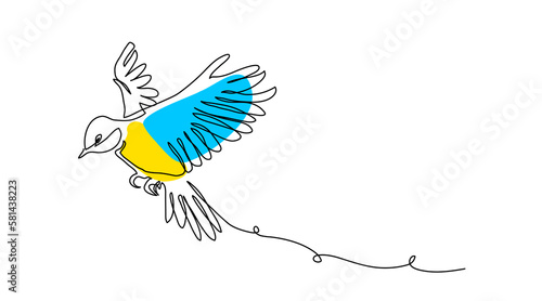 Great tit bird vector pattern in blue and yellow colors. One continuous line art drawing of flying great tit