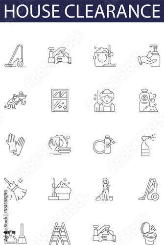 House clearance line vector icons and signs. Moving, Reclaim, Purging, Removing, Collecting, Cleaning, Discarding, Disposal outline vector illustration set photo