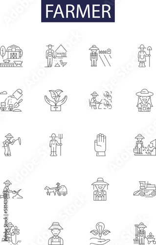 Farmer line vector icons and signs. Agriculturist, Horticulturist, Rancher, Crofter, Tiller, Grower, Agronomist,Plowman outline vector illustration set