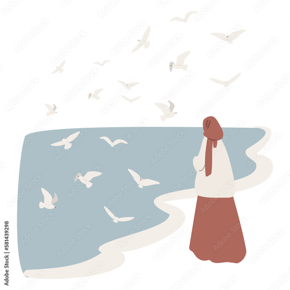 Obraz premium coastal illustration, vector woman on beach digital download clipart, couple flying seagull sea lion clip art, images in flat cartoon style, wedding Invitation.