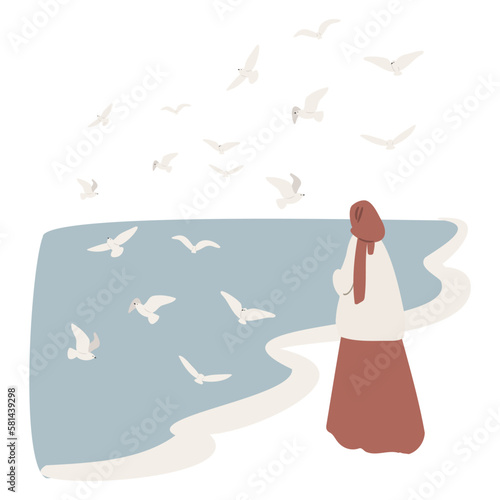 coastal illustration, vector woman on beach digital download clipart, couple flying seagull sea lion clip art, images in flat cartoon style, wedding Invitation.