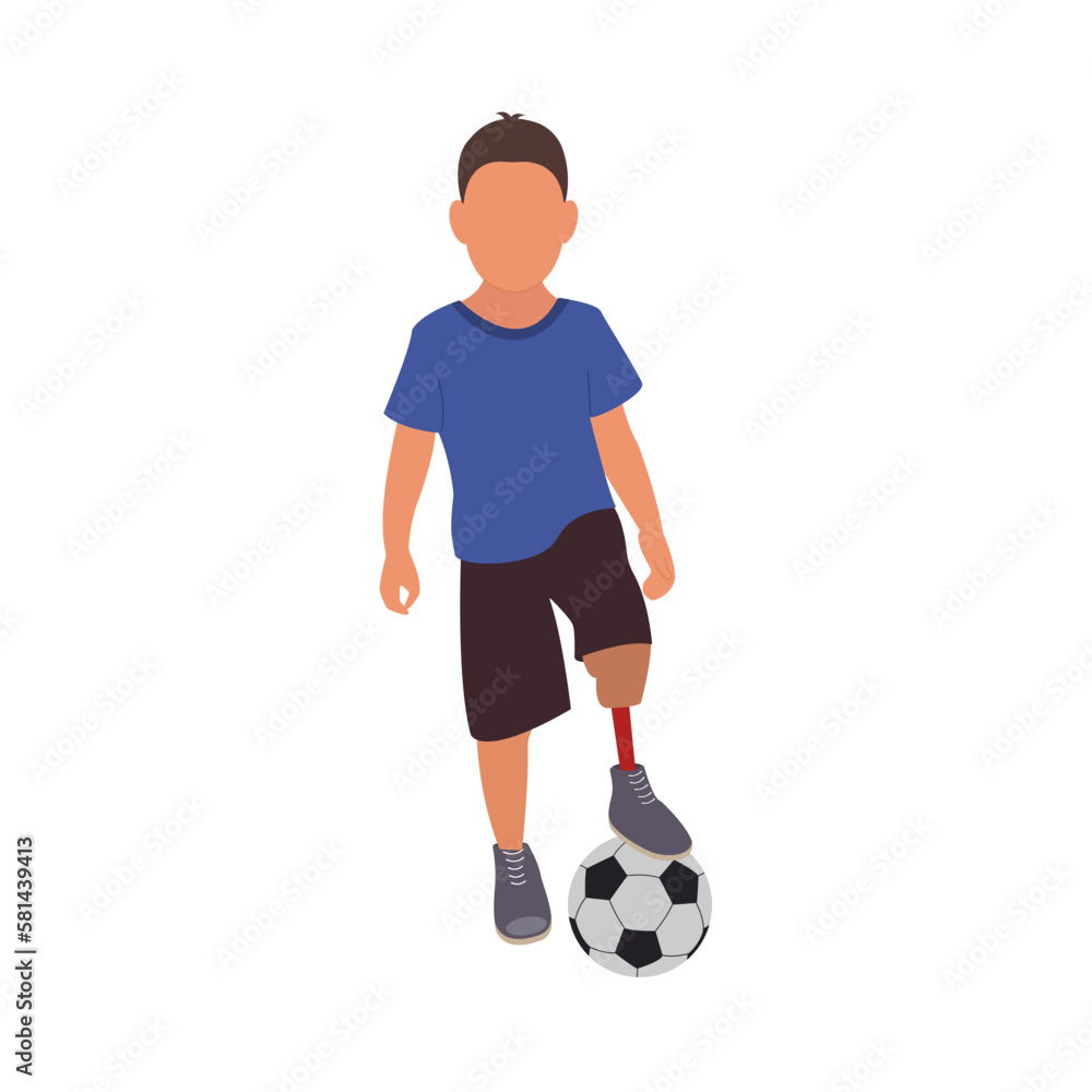 A child and a prosthetic leg. A boy with disabilities plays football. Vector illustration on a white background. 