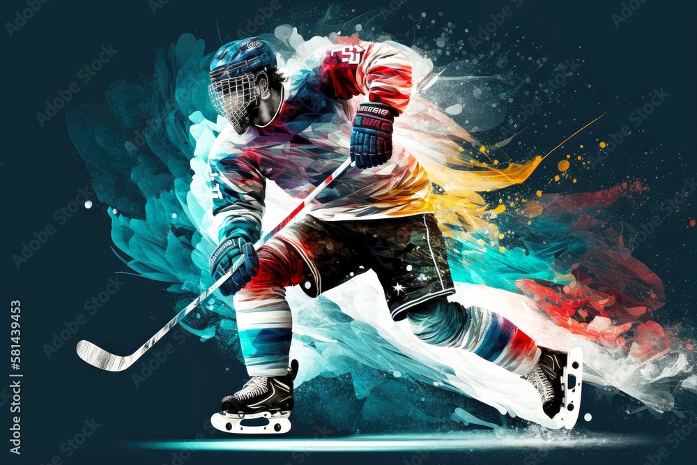 Fotografiet, Poster professional sport ice hockey playing with hockey  stick, generative ai, created på Europosters.se