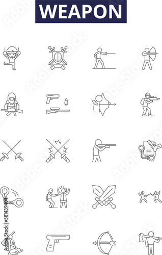 Weapon line vector icons and signs. firepower, artillery, armory, firearm, ordnance, blade, rifle, pistol outline vector illustration set
