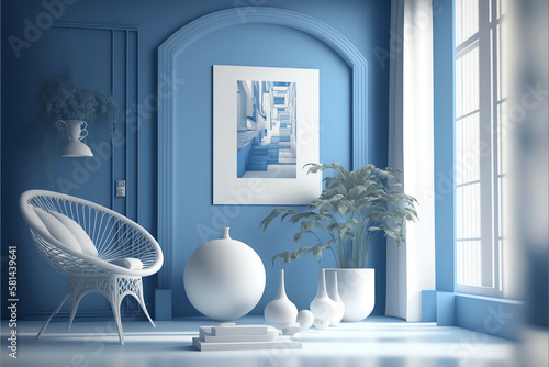 Illustration of modern blue and white appartment, created with Generative AI technology.