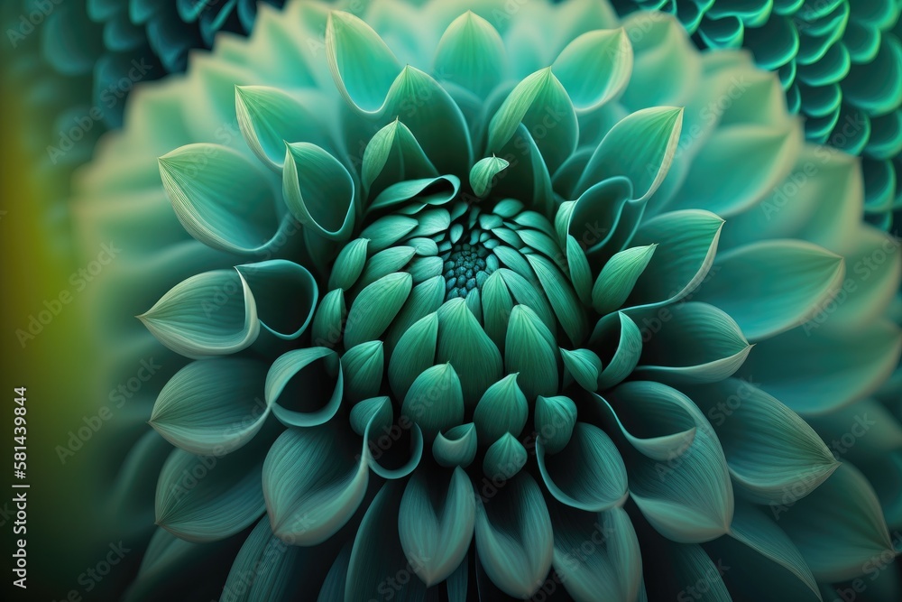 macro shot of a turquoise green dahlia blossom in nature. Generative AI macro shot of a turquoise green dahlia blossom in nature. Generative AI