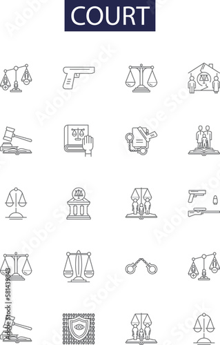 Court line vector icons and signs. Judge, Jurisdiction, Subpoena, Litigant, Appeal, Trial, Verdict, Jury outline vector illustration set