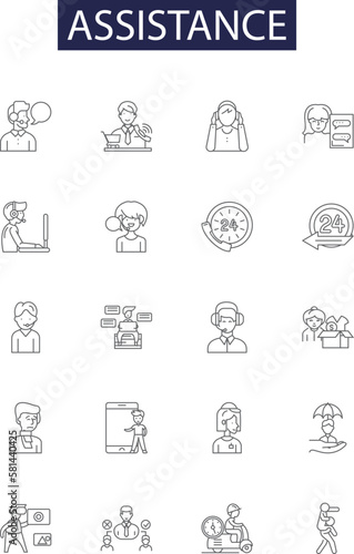 Assistance line vector icons and signs. Aid, Support, Advise, Facilitate, Relief, Guidance, Backing, Care outline vector illustration set