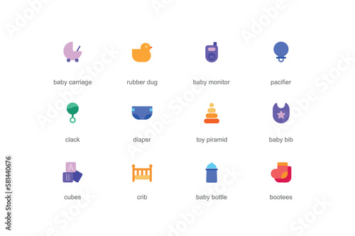 Baby items concept of web icons set in color flat design. Pack of child carriage, rubber duck, pacifier, diaper, pyramid, bib, cubes, crib, bottle, booties and other. Vector pictograms for mobile app
