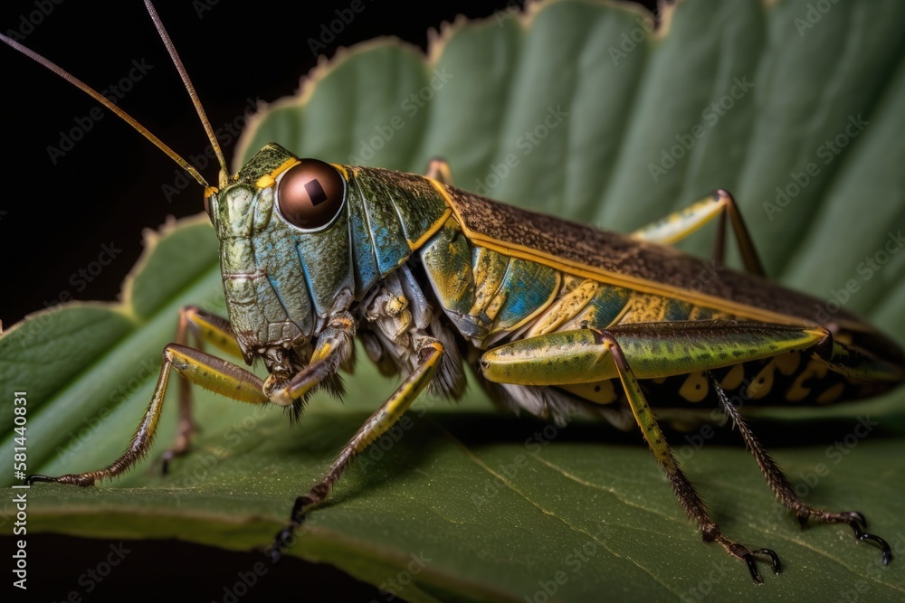 Close up macro image of an Onbu batta (Atractomorpha lata) grasshopper perched on a leaf. Generative AI Close up macro image of an Onbu batta (Atractomorpha lata) grasshopper perched on a leaf. Generative AI