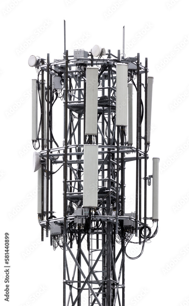 Upper part of a telecommunication tower with a lot of radio devices