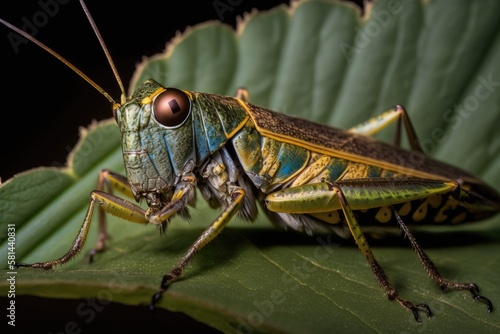 Close up macro image of an Onbu batta (Atractomorpha lata) grasshopper perched on a leaf. Generative AI © AkuAku