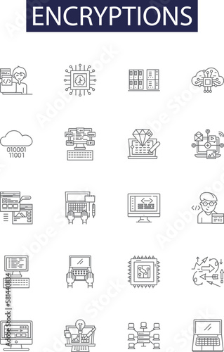 Encryptions line vector icons and signs. Cryptography, Coding, Cybersecurity, Ciphers, Obfuscation, Hashing, Algorithms, Cryptanalysis outline vector illustration set