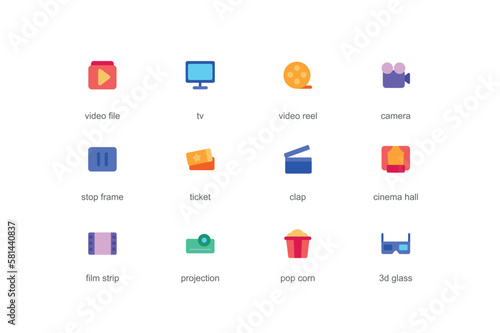 Cinema concept of web icons set in color flat design. Pack of video file, tv, camera, stop frame, ticket, clap, film strip, projection, popcorn, 3d glasses and other. Vector pictograms for mobile app