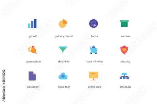 Data analysis concept of web icons set in color flat design. Pack of growth, grocery basket, focus, archive, optimization, security, document, cloud tech and other. Vector pictograms for mobile app