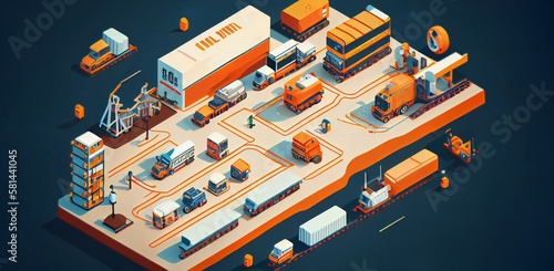 Logistic warehouse with truck transportation forklift and manual robotic staff isometric illustration. Commercial storehouse cargo pallet with machinery distribution. Ai generative illustration. 