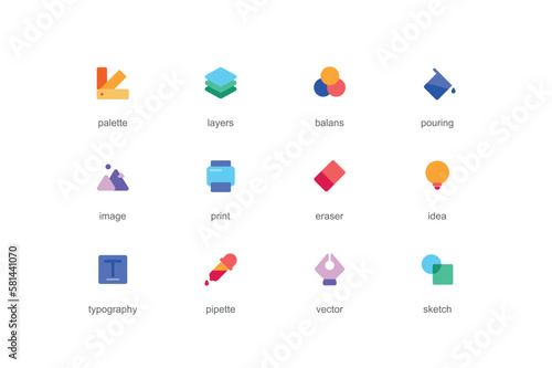 Designer concept of web icons set in color flat design. Pack of palette, layer, balance, pouring, image, print, eraser, idea, typography, pipette, sketch and other. Vector pictograms for mobile app