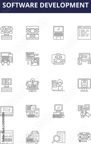 Software development line vector icons and signs. Software, Coding, Programming, Testing, Deployment, Debugging, Analysis, Design outline vector illustration set