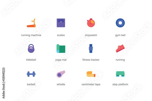 Fitness concept of web icons set in color flat design. Pack of running machine, scales, stopwatch, gym bell, kettlebell, yoga mat, barbell, step platform and other. Vector pictograms for mobile app