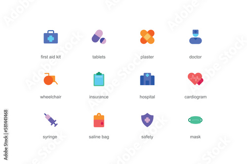 Medical concept of web icons set in color flat design. Pack of first aid kit, tablets, plaster, doctor, wheelchair, insurance, hospital, cardiogram, syringe and other. Vector pictograms for mobile app