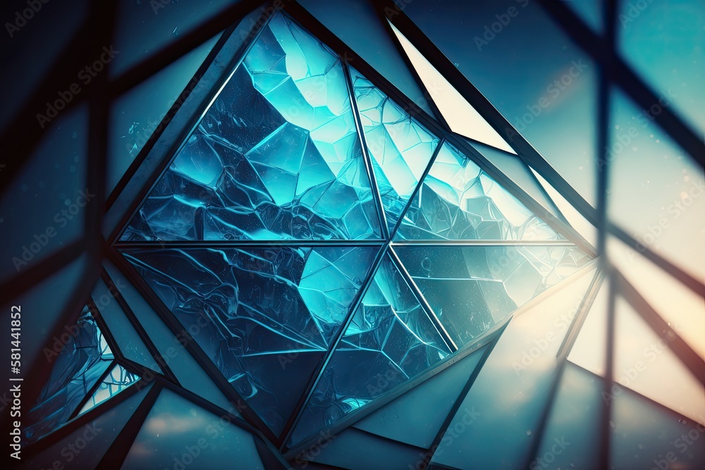 Double exposure image of surfaces from an abstract building. ceiling and walls. Blue interior part from the future. Geometric background structure with several facets, such as a polyhedron or triangle - obrazy, fototapety, plakaty 