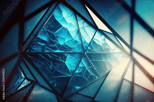 Double exposure image of surfaces from an abstract building. ceiling and walls. Blue interior part from the future. Geometric background structure with several facets, such as a polyhedron or triangle photo